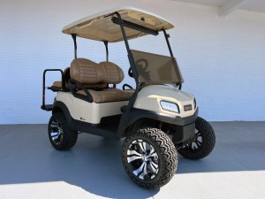 Beige Club Car Tempo Lifted Electric Golf Cart 01
